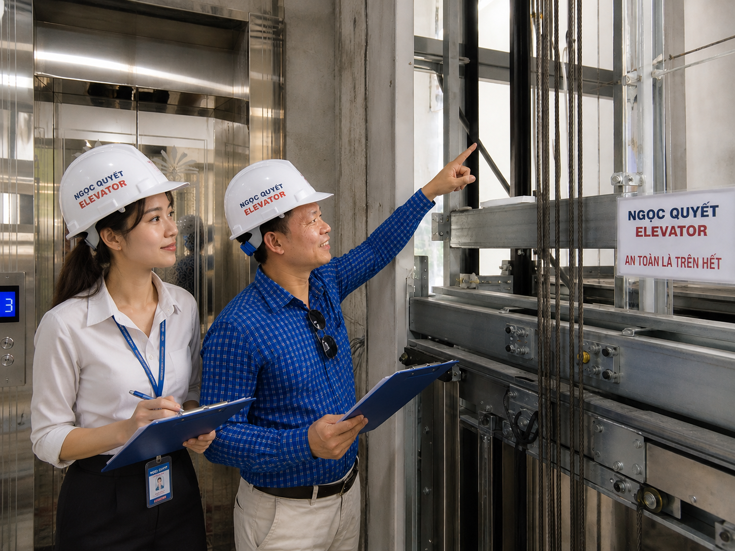 Kỹ sư Ngọc Quyết Elevator kiểm tra hệ thống thang máy, ghi chép thông số kỹ thuật trong hố thang